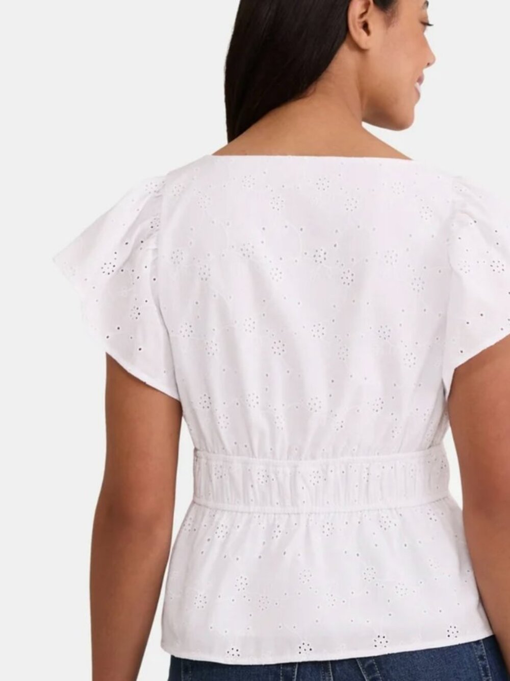 White Eyelet Peplum Blouse Flutter Sleeve Size M (8/10) - Picture 8 of 9